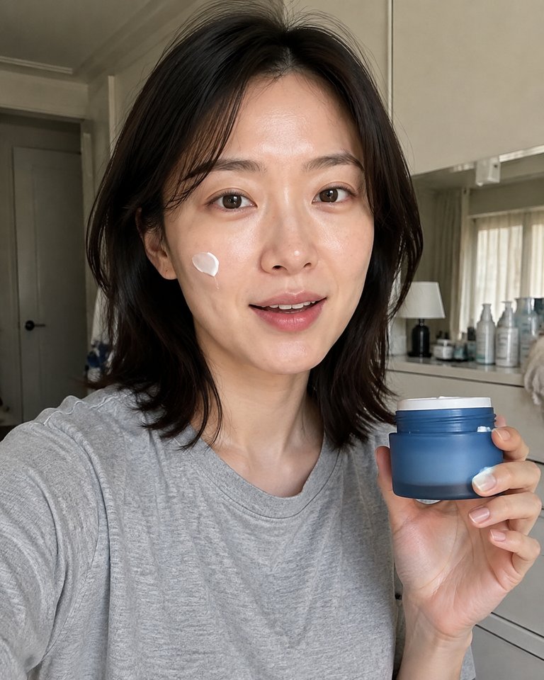 집에서 볼에 보습 크림을 바르고 제품을 소개하는 가상 크리에이터 A
