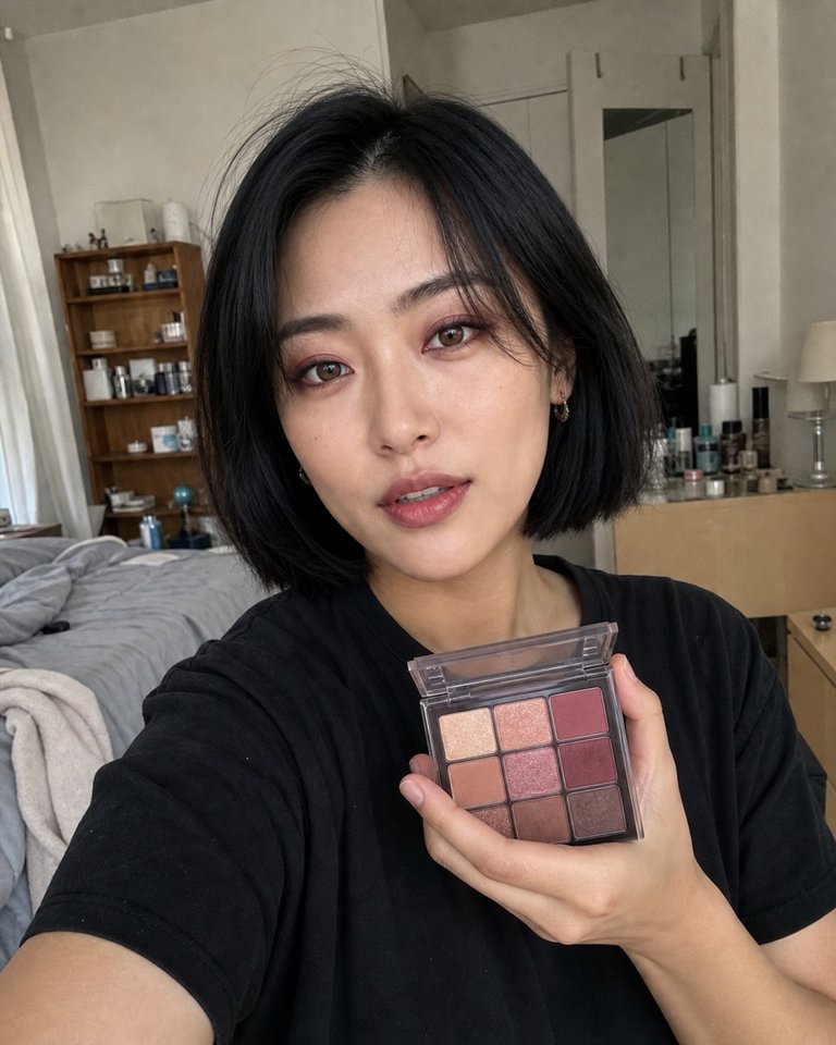 방에서 아이섀도 팔레트와 버건디 메이크업을 소개하는 가상 크리에이터 C
